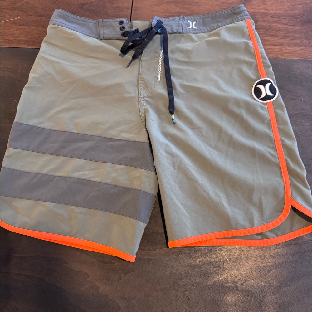 Hurley Men's Olive Swim Shorts with Orange Accents